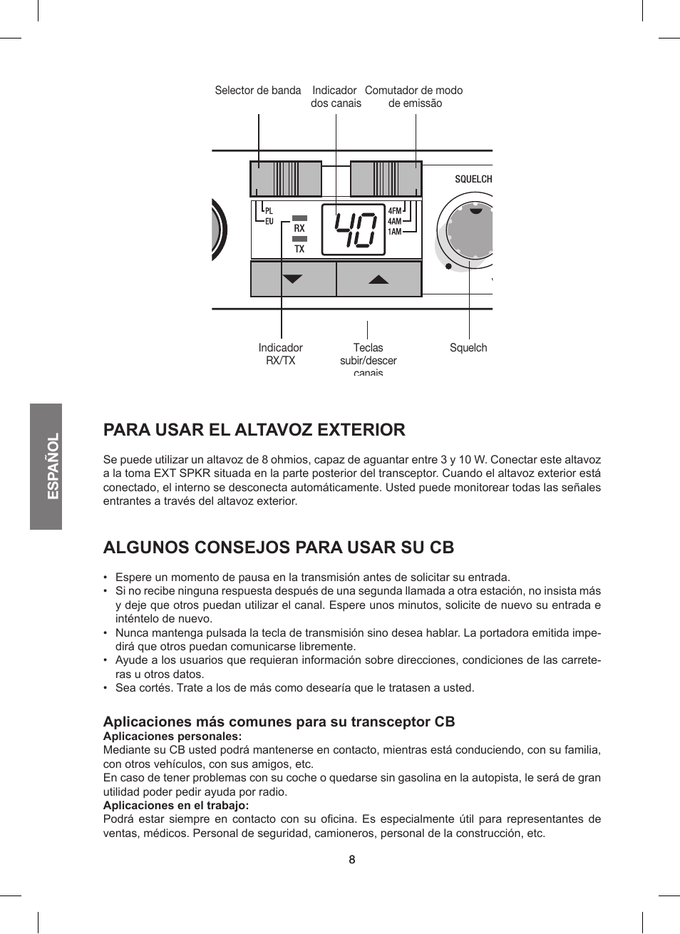 Para usar el altavoz exterior, Algunos consejos para usar su cb, Esp añol | Aplicaciones más comunes para su transceptor cb | MIDLAND 200 User Manual | Page 32 / 72