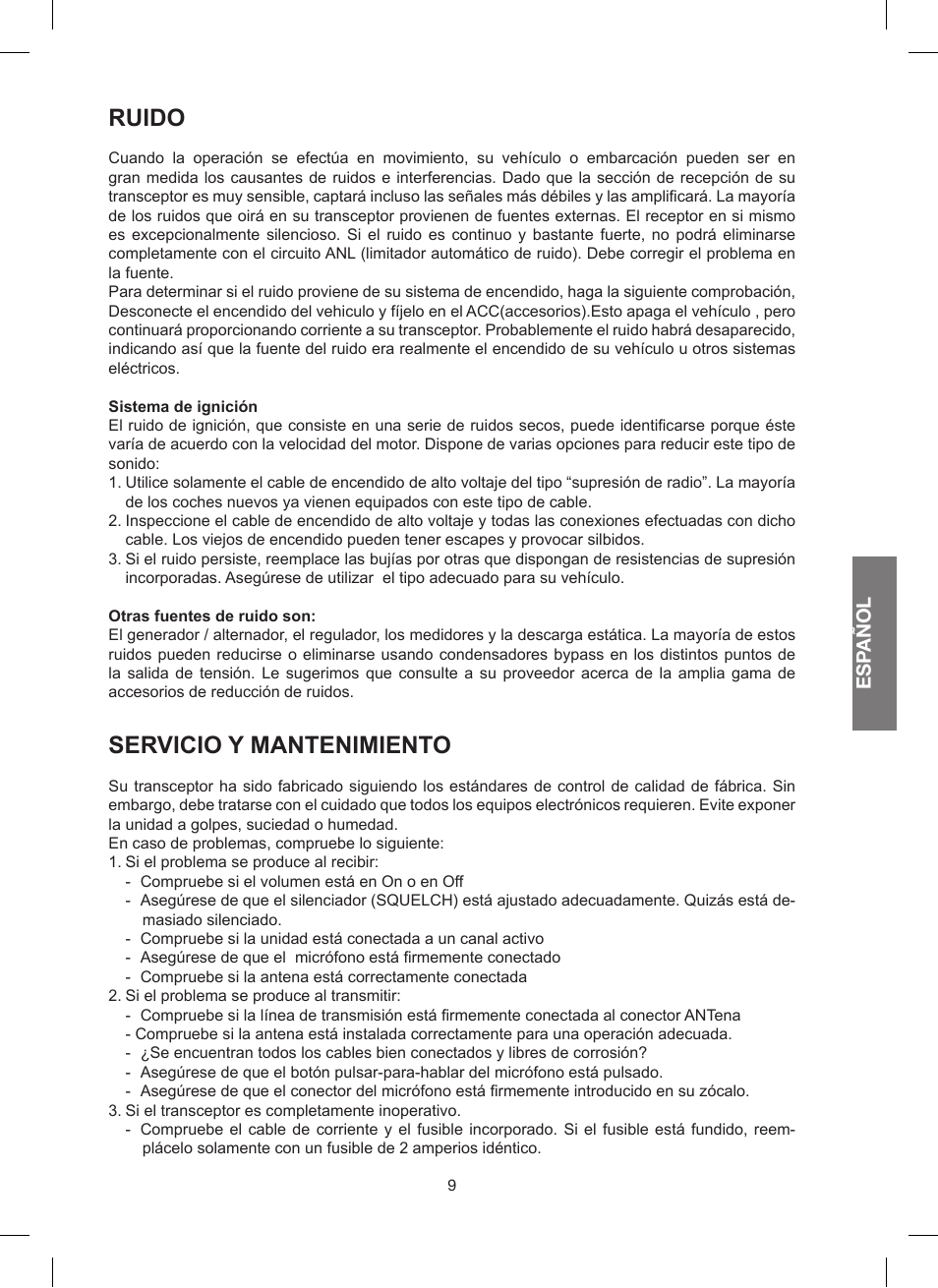 Ruido, Servicio y mantenimiento, Esp añol | MIDLAND 200 User Manual | Page 33 / 72