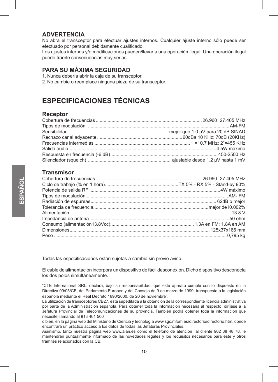 Especificaciones técnicas, Esp añol, Advertencia | Para su máxima seguridad, Receptor, Transmisor | MIDLAND 200 User Manual | Page 34 / 72