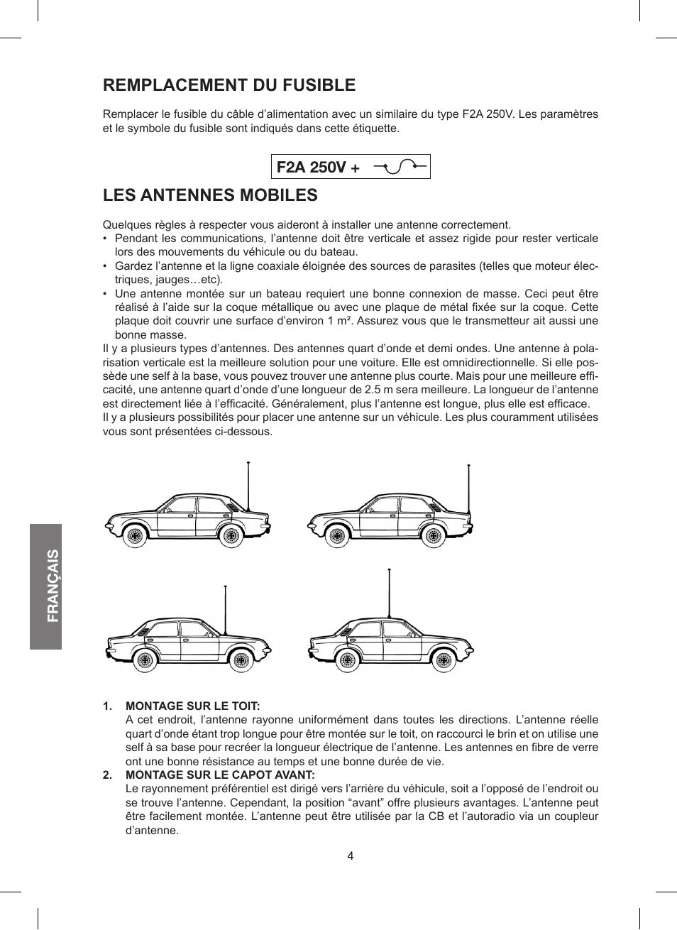 Remplacement du fusible, Les antennes mobiles, F2a 250v | MIDLAND 200 User Manual | Page 38 / 72