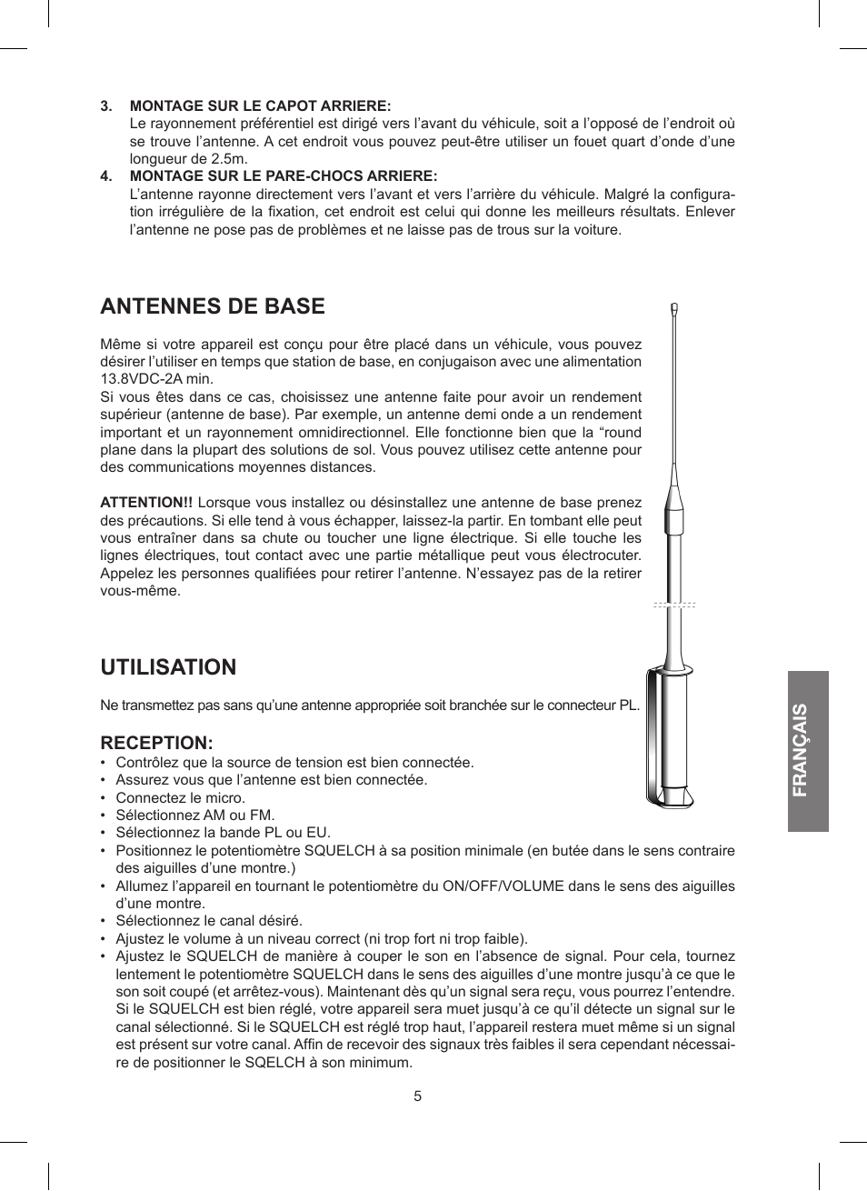 Antennes de base, Utilisation, Français | Reception | MIDLAND 200 User Manual | Page 39 / 72