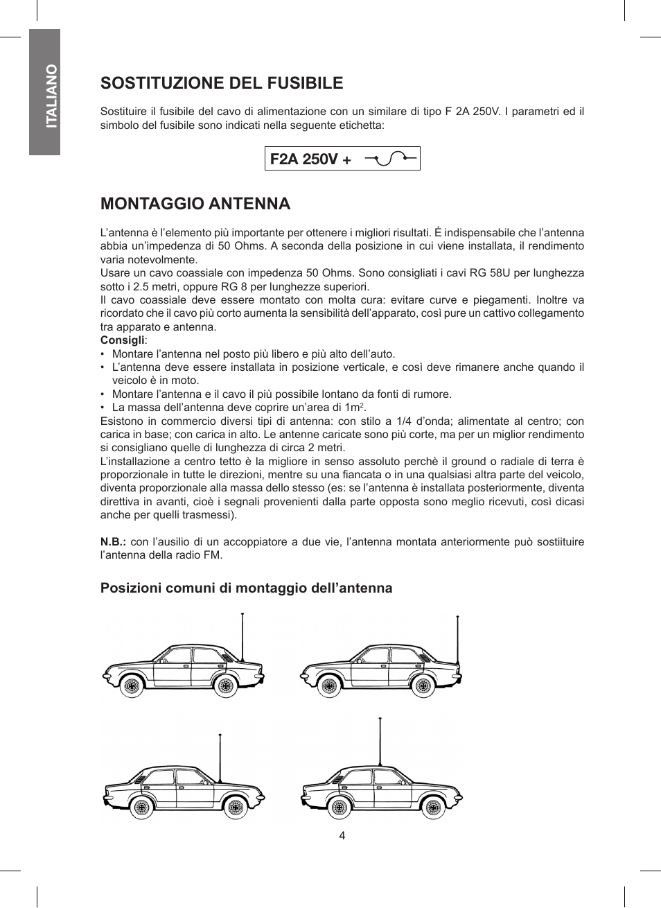 Sostituzione del fusibile, Montaggio antenna, F2a 250v | MIDLAND 200 User Manual | Page 4 / 72