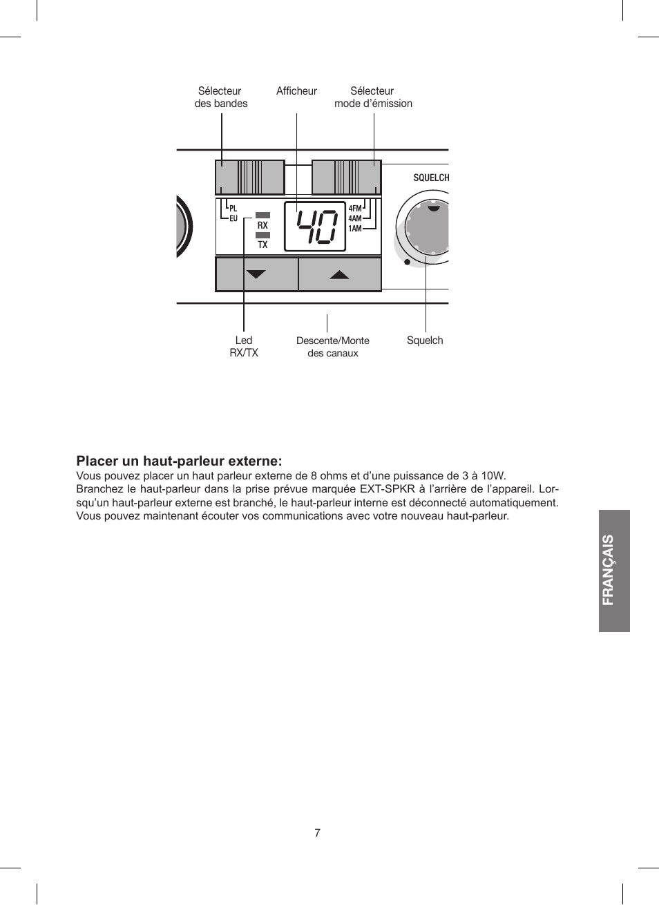 Français, Placer un haut-parleur externe | MIDLAND 200 User Manual | Page 41 / 72