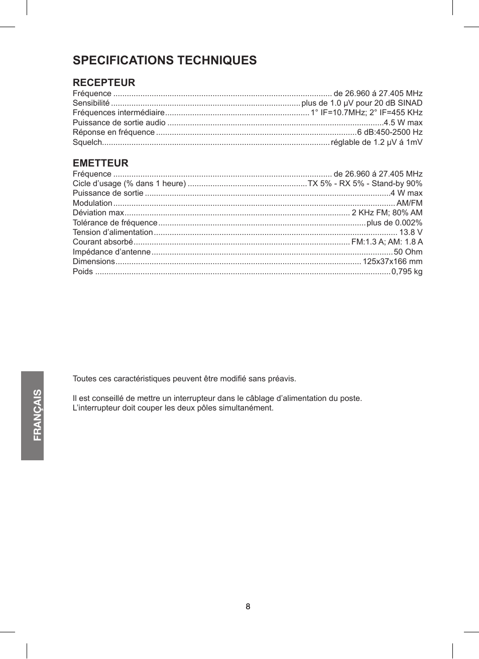 Specifications techniques | MIDLAND 200 User Manual | Page 42 / 72