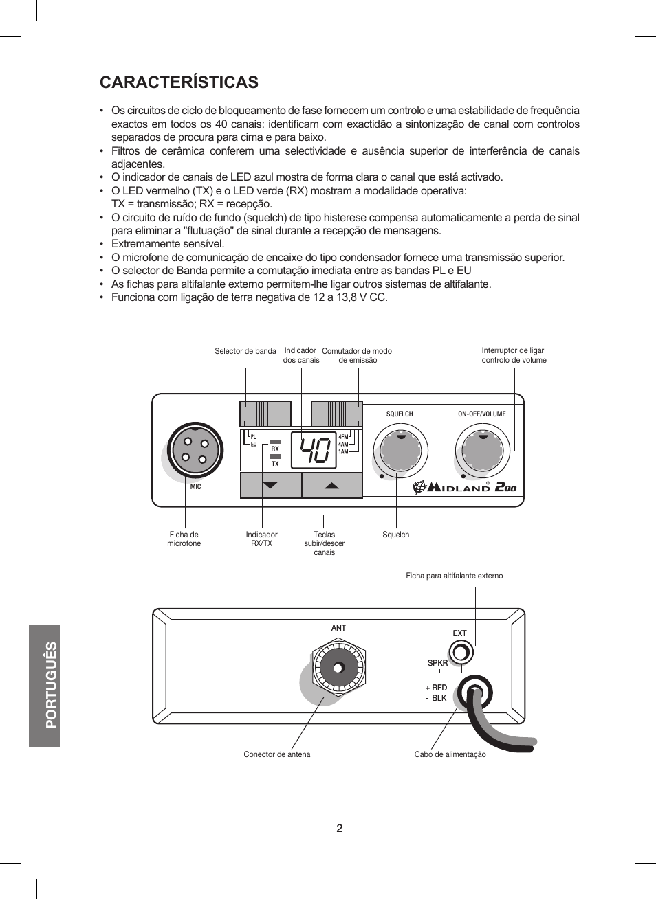Características, Por tuguês | MIDLAND 200 User Manual | Page 44 / 72