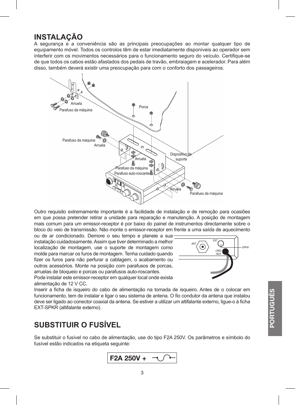 Instalação, Substituir o fusível, F2a 250v | Por tuguês | MIDLAND 200 User Manual | Page 45 / 72