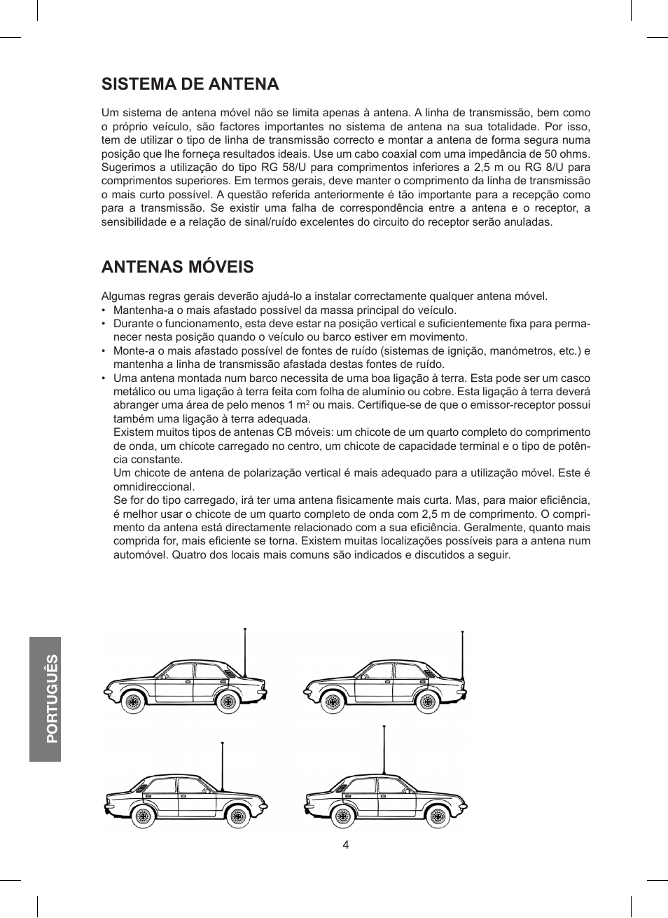 Sistema de antena, Antenas móveis, Por tuguês | MIDLAND 200 User Manual | Page 46 / 72