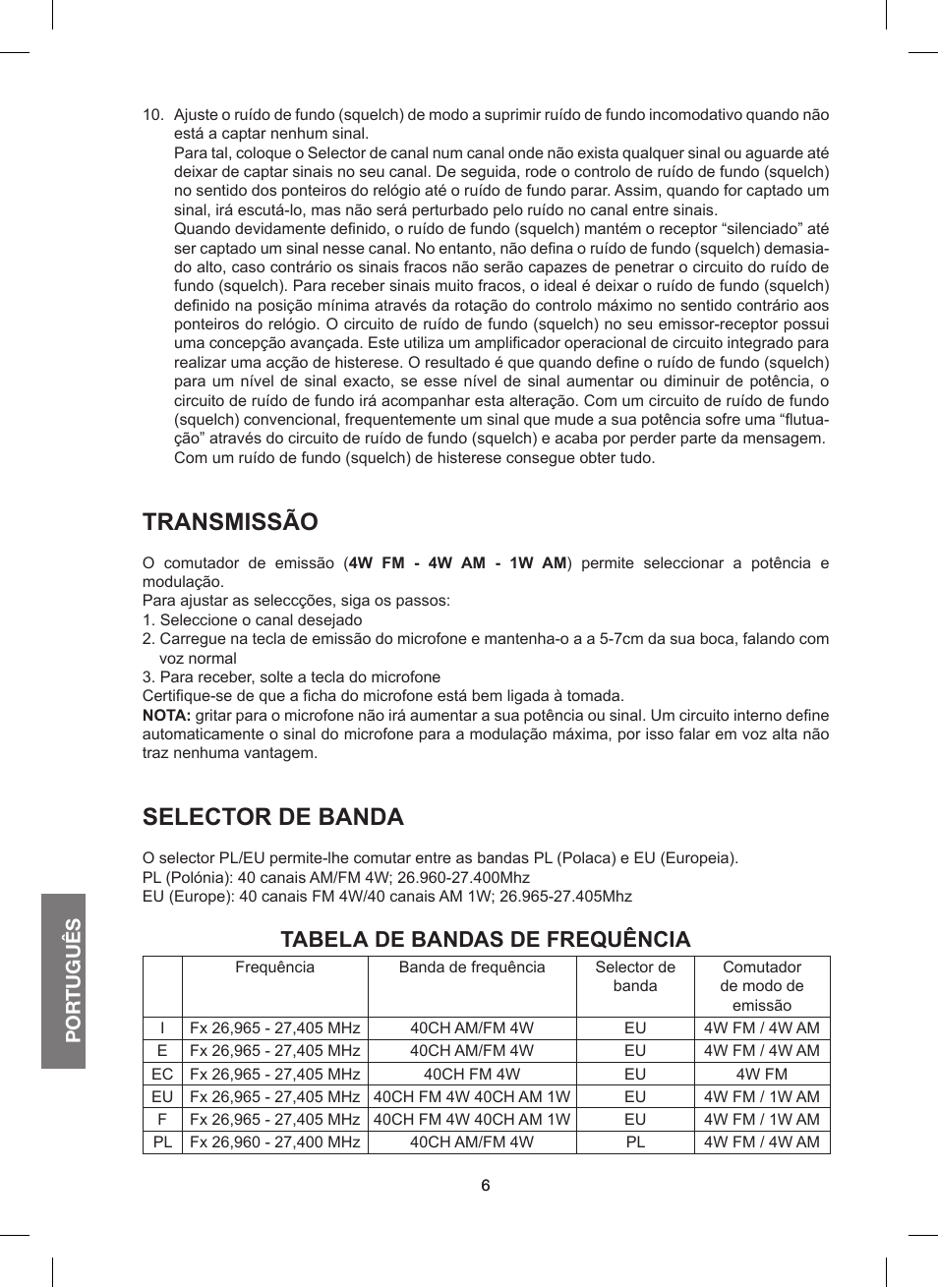 Transmissão, Selector de banda, Tabela de bandas de frequência | Por tuguês | MIDLAND 200 User Manual | Page 48 / 72