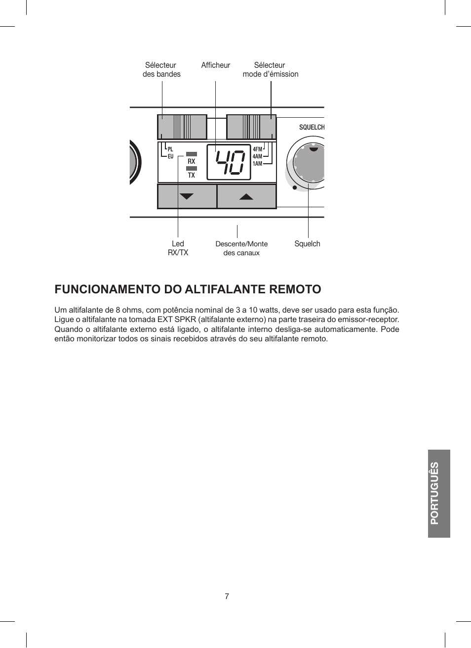 Funcionamento do altifalante remoto, Por tuguês | MIDLAND 200 User Manual | Page 49 / 72