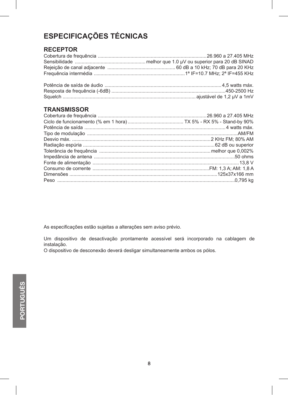 Especificações técnicas | MIDLAND 200 User Manual | Page 50 / 72
