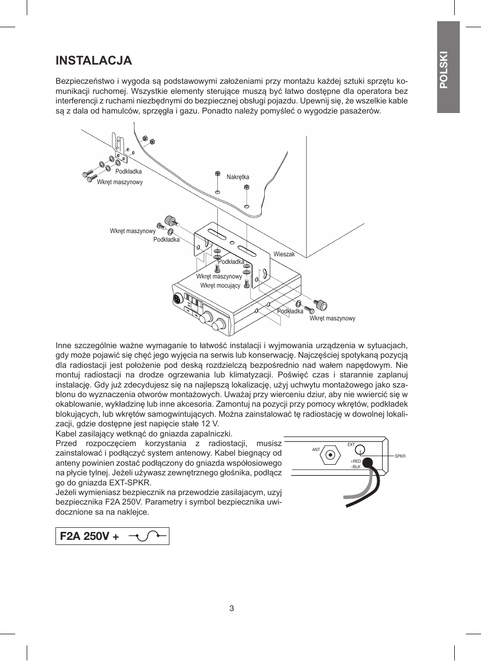 Instalacja, F2a 250v, Polski | MIDLAND 200 User Manual | Page 61 / 72