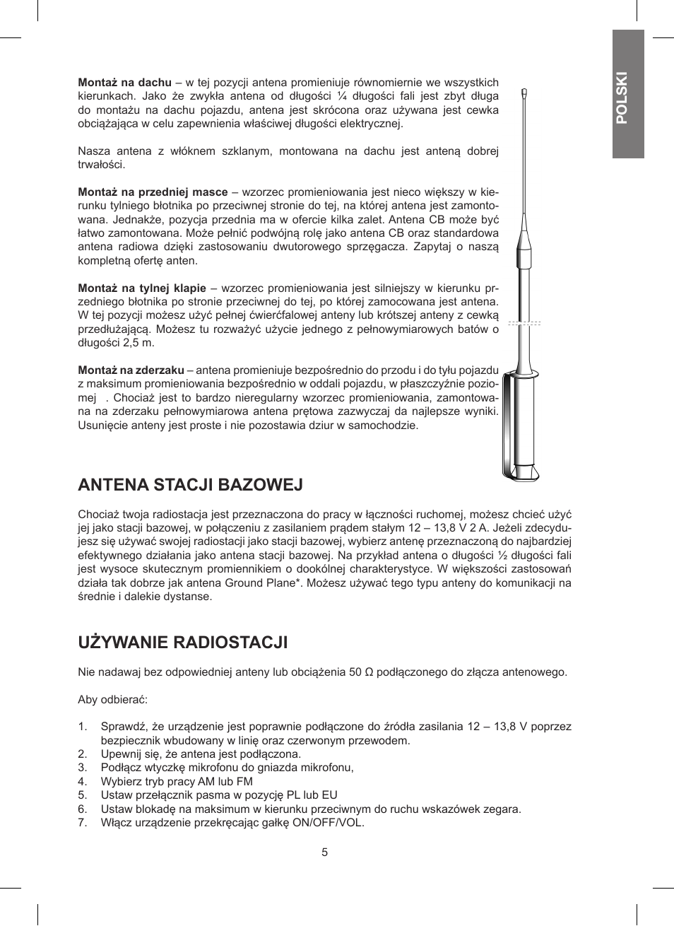 Antena stacji bazowej, Używanie radiostacji, Polski | MIDLAND 200 User Manual | Page 63 / 72