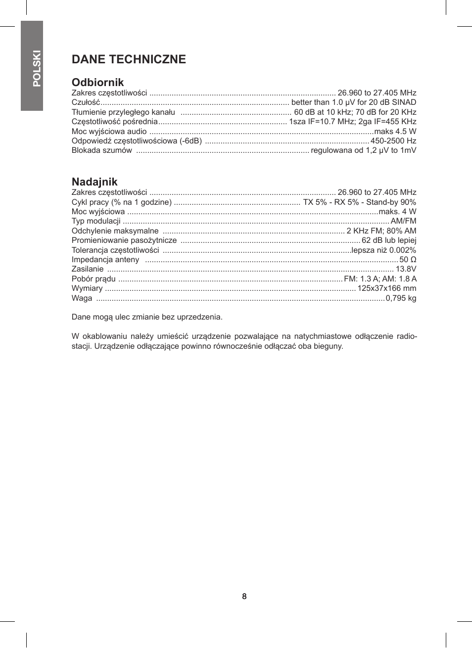 Dane techniczne, Odbiornik, Nadajnik | MIDLAND 200 User Manual | Page 66 / 72