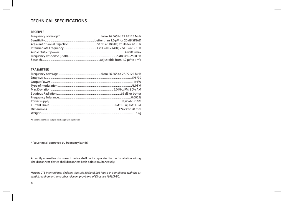 Technical specifications | MIDLAND 203 User Manual | Page 10 / 44