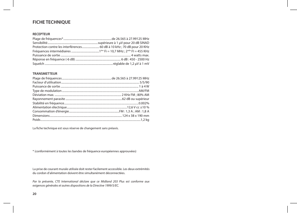 Fiche technique | MIDLAND 203 User Manual | Page 22 / 44