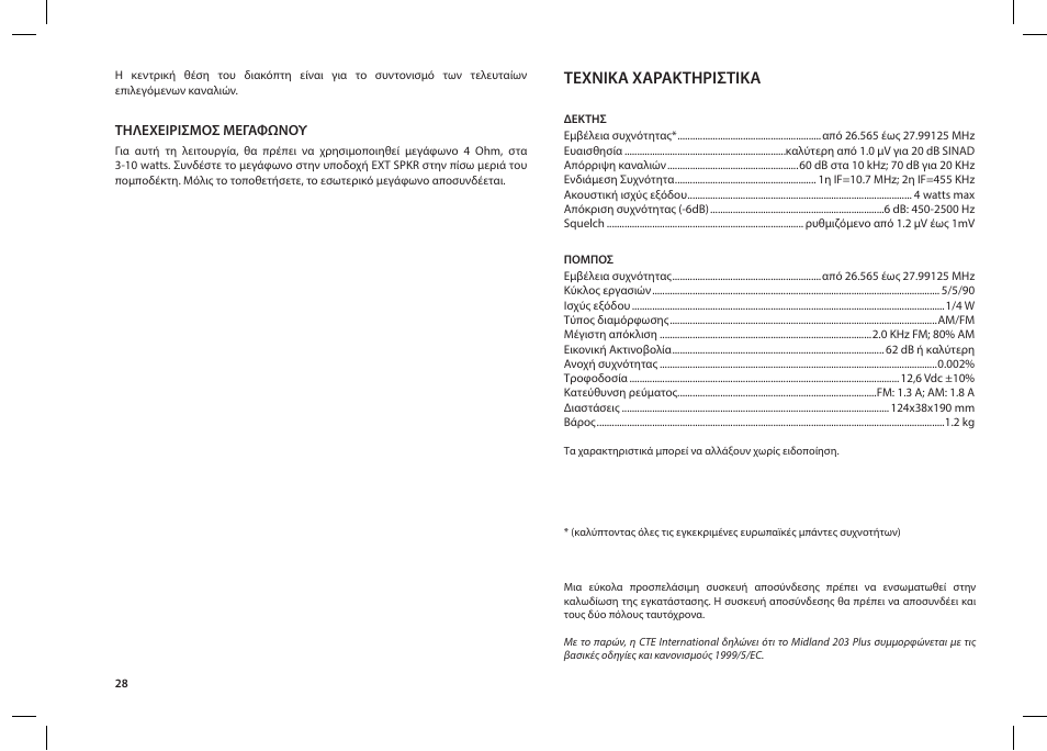 Τεχνικα χαρακτηριστικα | MIDLAND 203 User Manual | Page 30 / 44
