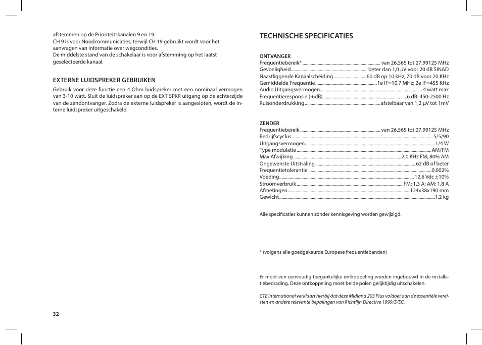 Technische specificaties | MIDLAND 203 User Manual | Page 34 / 44