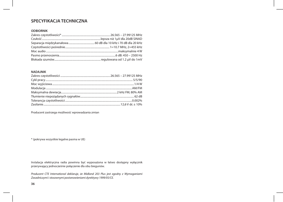 Specyfikacja techniczna | MIDLAND 203 User Manual | Page 38 / 44