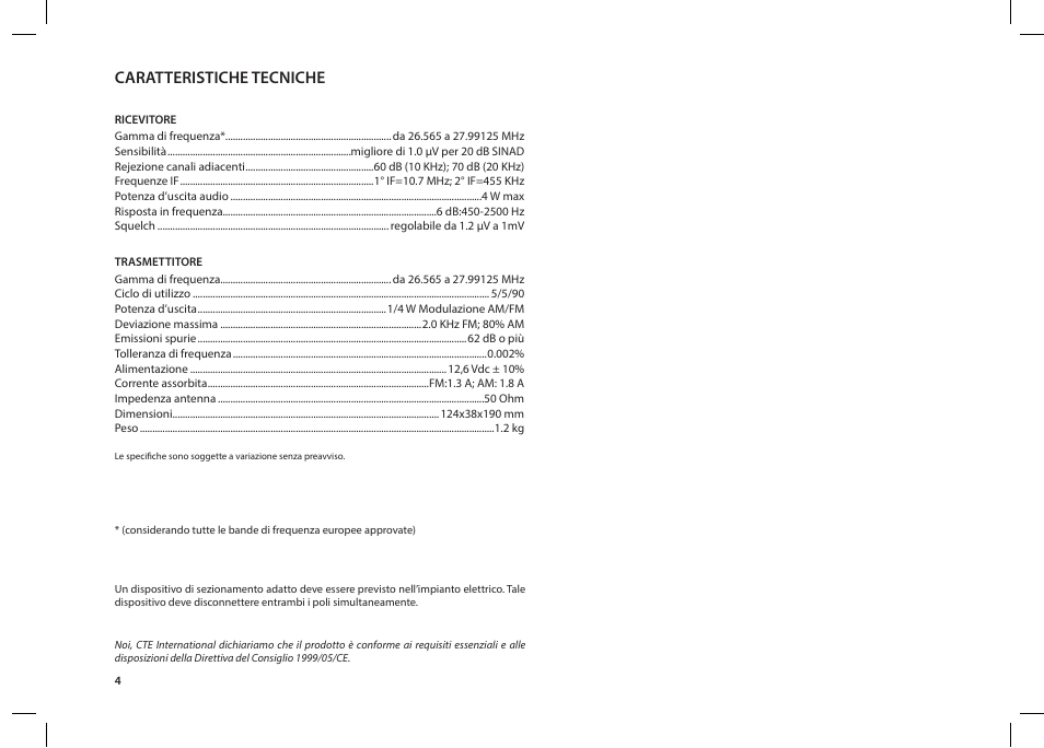 Caratteristiche tecniche | MIDLAND 203 User Manual | Page 6 / 44