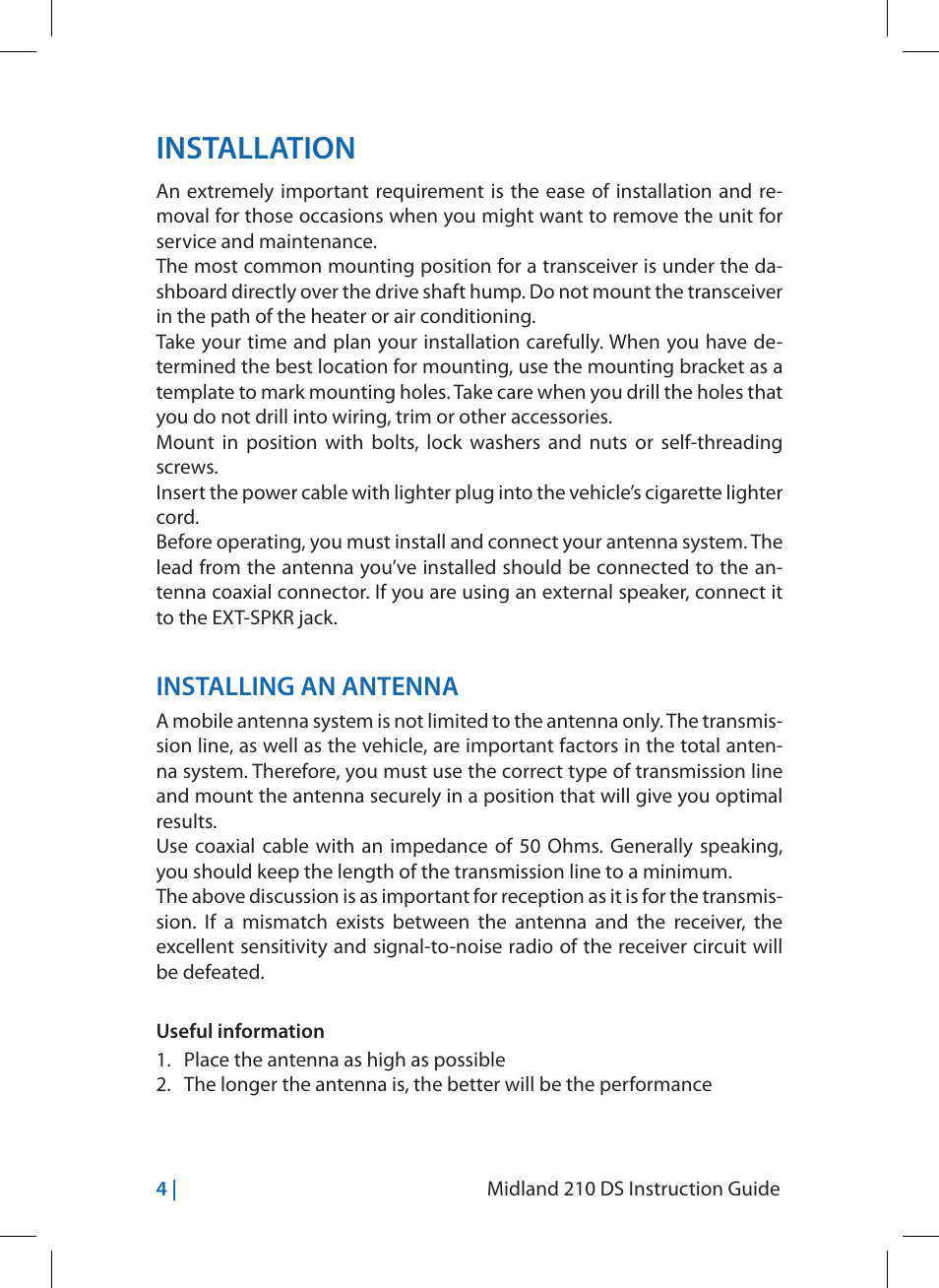 Installation, Installing an antenna | MIDLAND 210 DS User Manual | Page 14 / 78