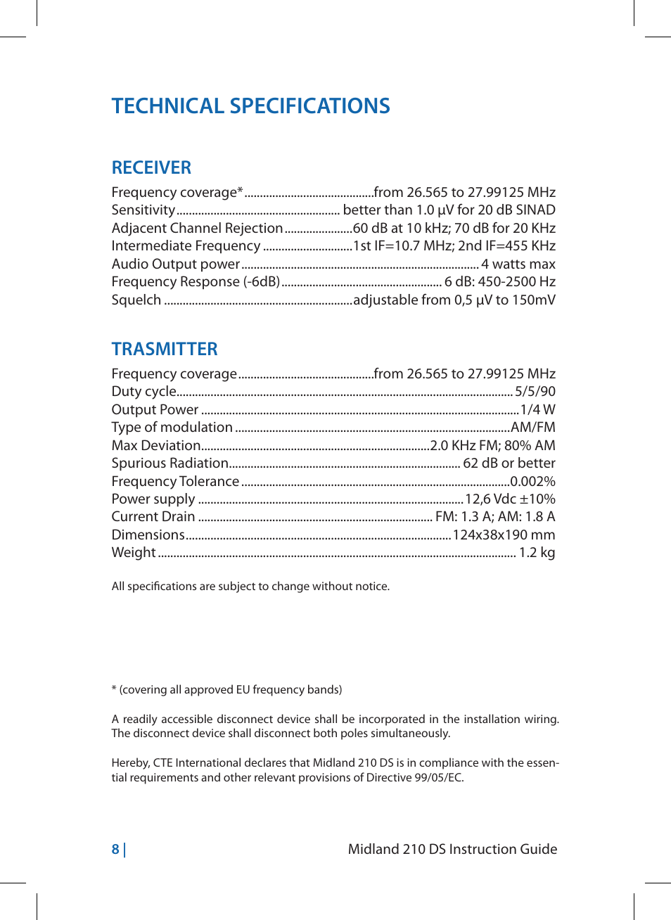 Technical specifications, Receiver, Trasmitter | MIDLAND 210 DS User Manual | Page 18 / 78