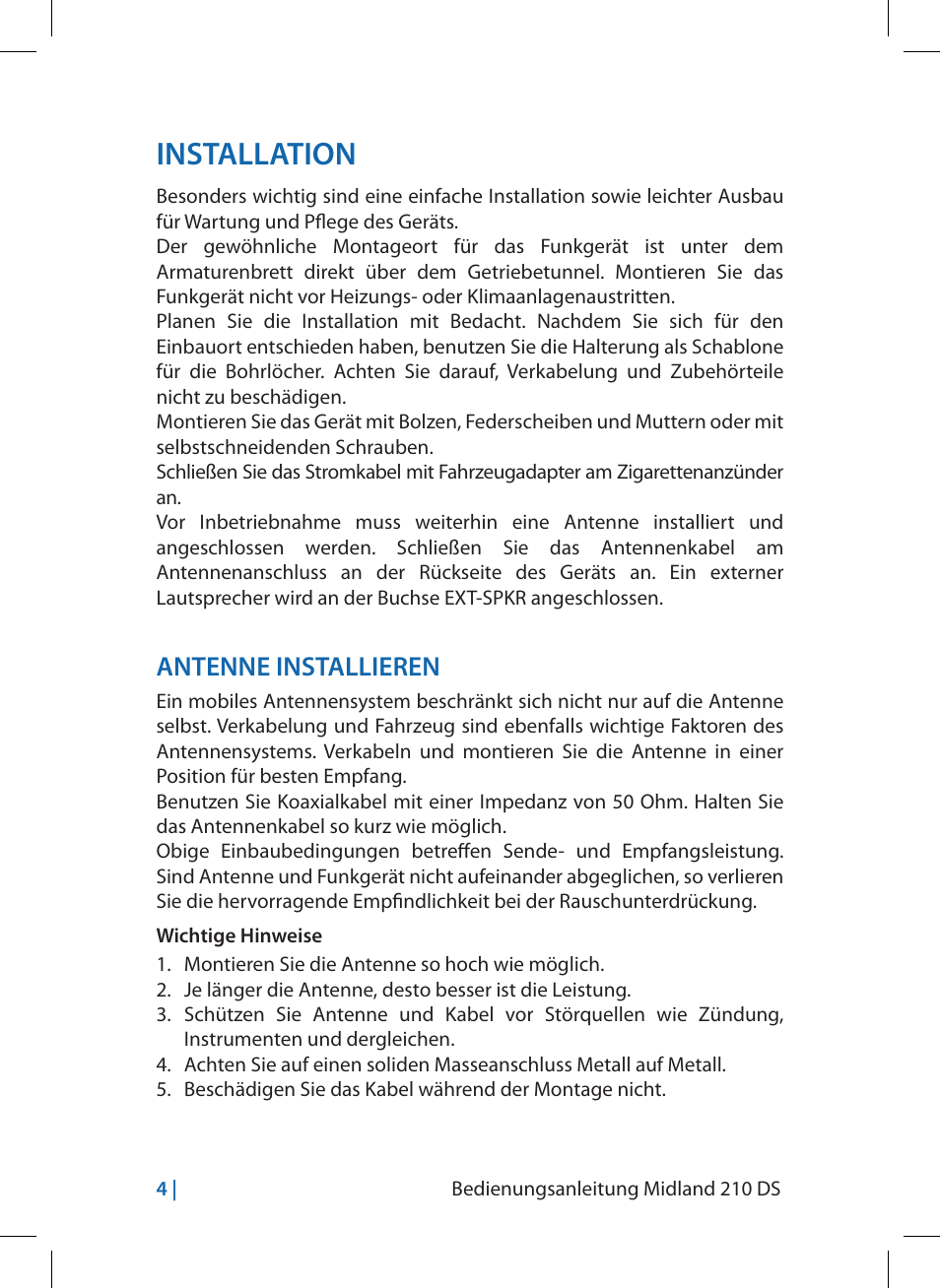 Installation, Antenne installieren | MIDLAND 210 DS User Manual | Page 22 / 78