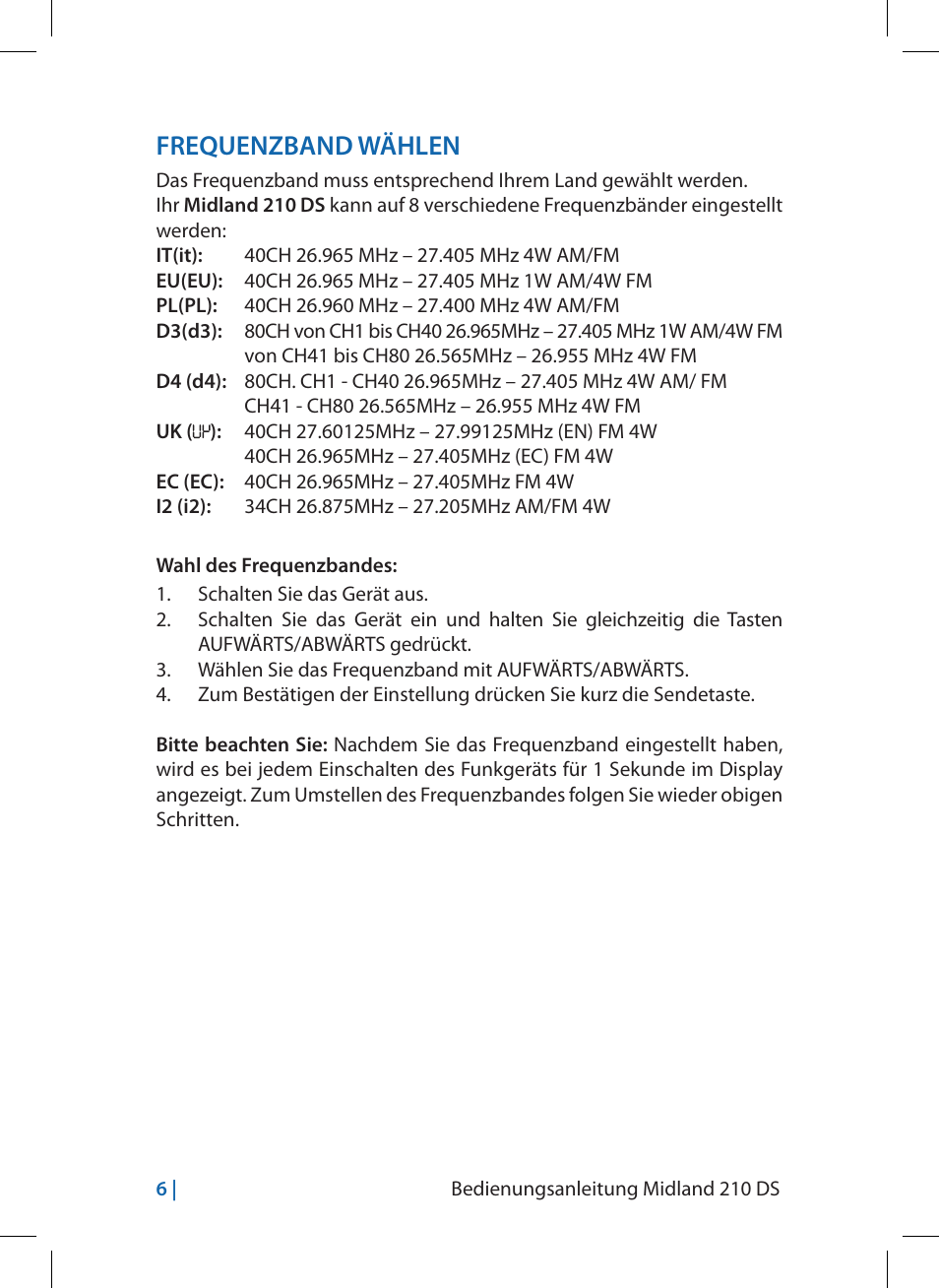 Frequenzband wählen | MIDLAND 210 DS User Manual | Page 24 / 78