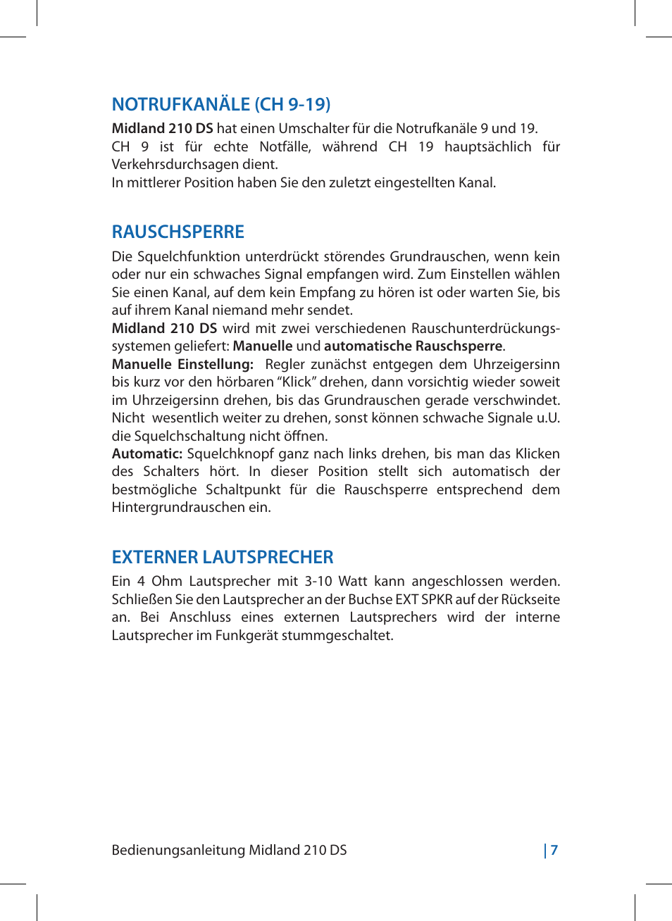 Notrufkanäle (ch 9-19), Rauschsperre, Externer lautsprecher | MIDLAND 210 DS User Manual | Page 25 / 78