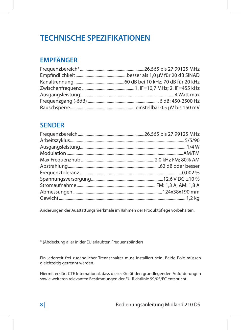 Technische spezifikationen, Empfänger, Sender | MIDLAND 210 DS User Manual | Page 26 / 78