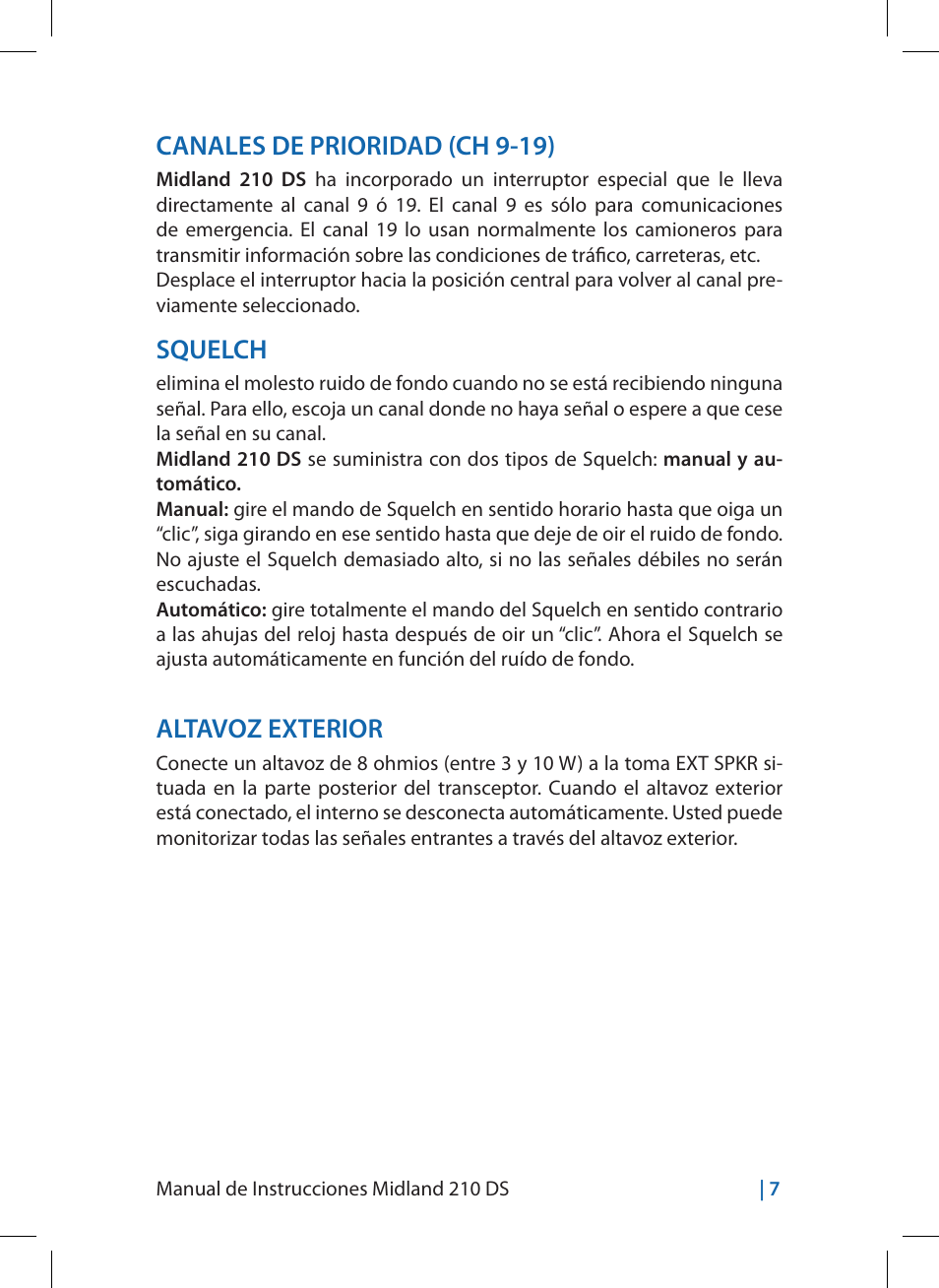 Canales de prioridad (ch 9-19), Squelch, Altavoz exterior | MIDLAND 210 DS User Manual | Page 33 / 78