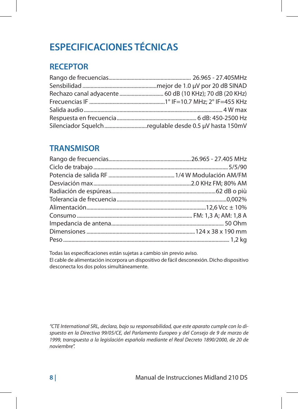 Especificaciones técnicas, Receptor, Transmisor | MIDLAND 210 DS User Manual | Page 34 / 78