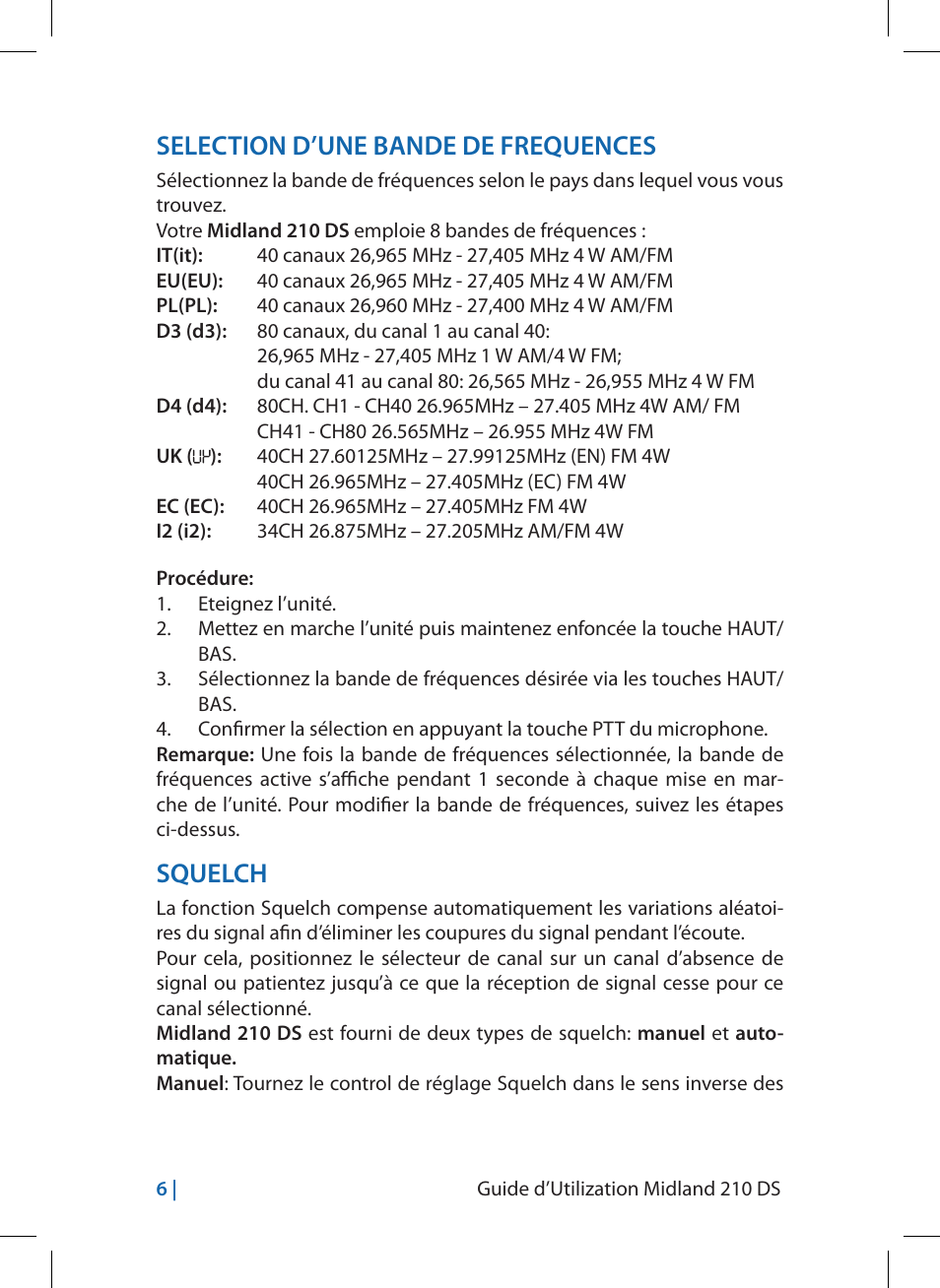 Selection d’une bande de frequences, Squelch | MIDLAND 210 DS User Manual | Page 40 / 78