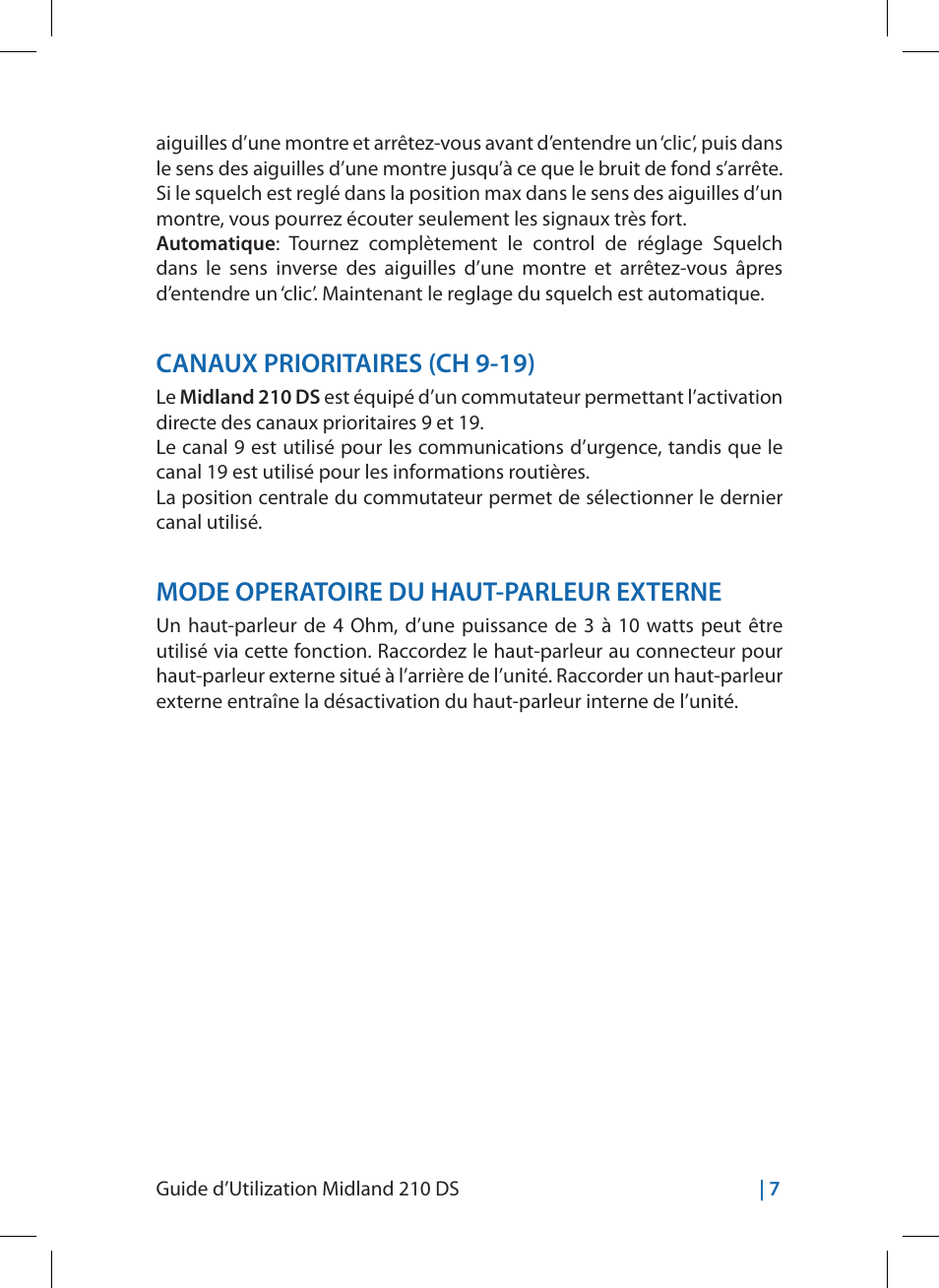 Canaux prioritaires (ch 9-19), Mode operatoire du haut-parleur externe | MIDLAND 210 DS User Manual | Page 41 / 78