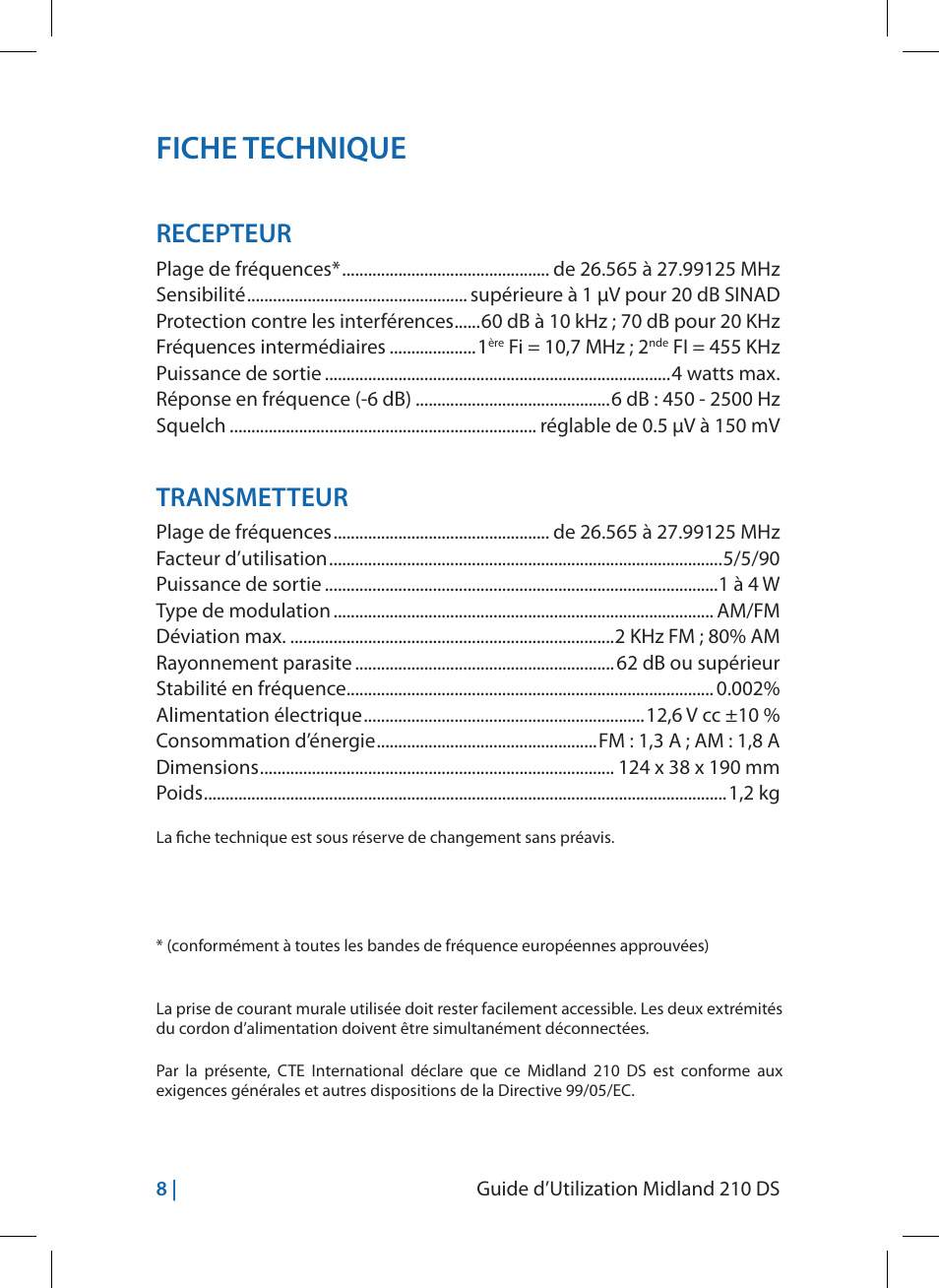 Fiche technique, Recepteur, Transmetteur | MIDLAND 210 DS User Manual | Page 42 / 78