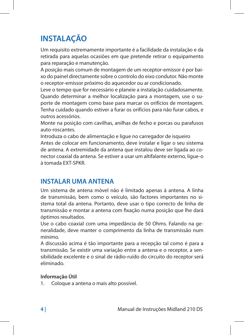 Instalação, Instalar uma antena | MIDLAND 210 DS User Manual | Page 46 / 78