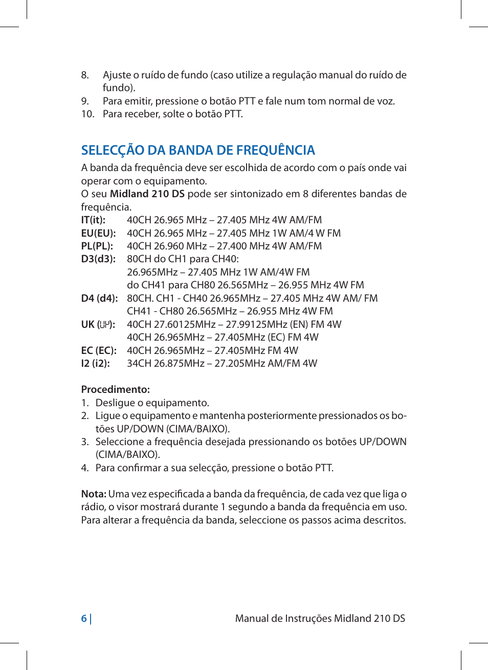 Selecção da banda de frequência | MIDLAND 210 DS User Manual | Page 48 / 78