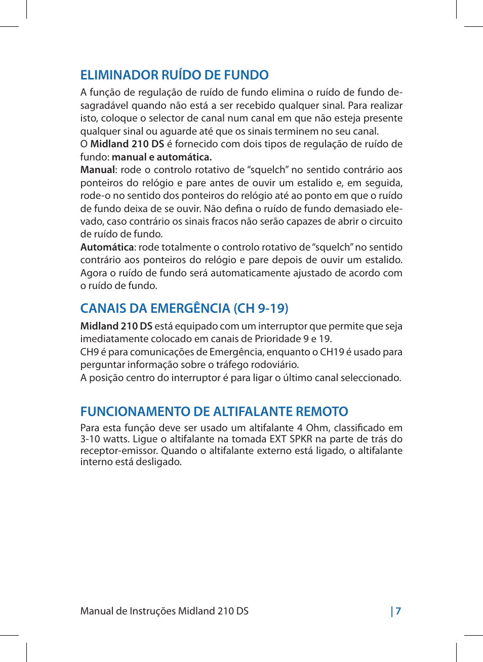 Eliminador ruído de fundo, Canais da emergência (ch 9-19), Funcionamento de altifalante remoto | MIDLAND 210 DS User Manual | Page 49 / 78