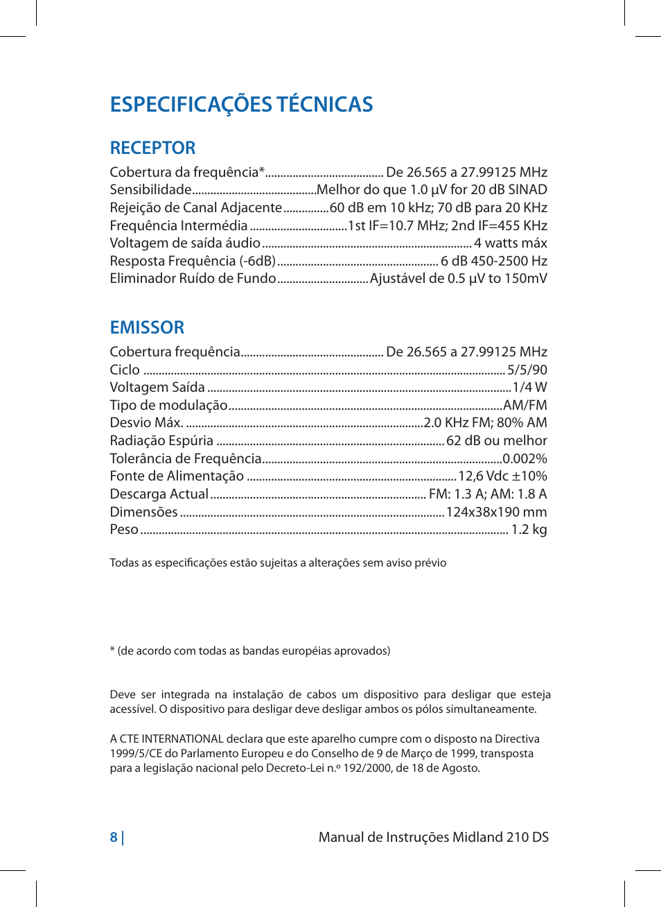 Especificações técnicas, Receptor, Emissor | MIDLAND 210 DS User Manual | Page 50 / 78