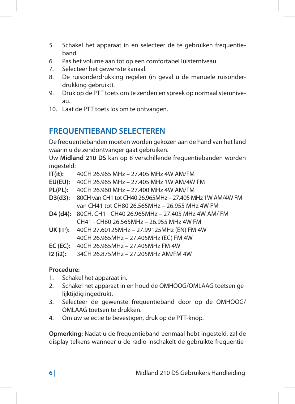 Frequentieband selecteren | MIDLAND 210 DS User Manual | Page 64 / 78