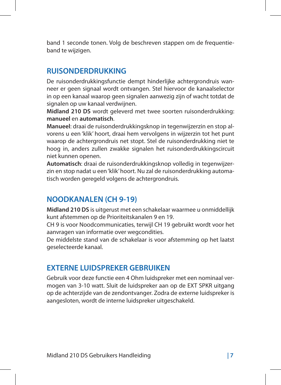 Ruisonderdrukking, Noodkanalen (ch 9-19), Externe luidspreker gebruiken | MIDLAND 210 DS User Manual | Page 65 / 78