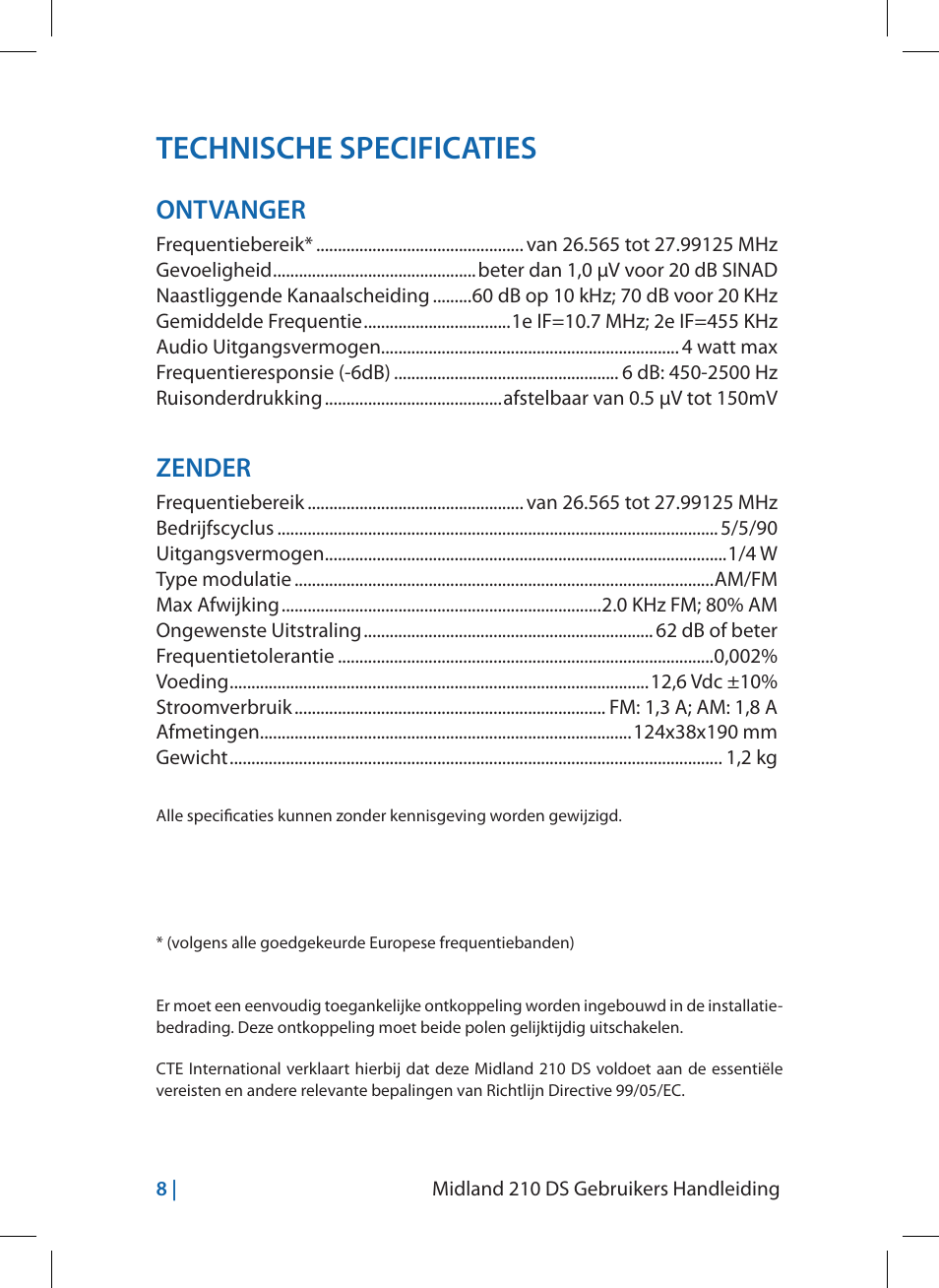 Technische specificaties, Ontvanger, Zender | MIDLAND 210 DS User Manual | Page 66 / 78