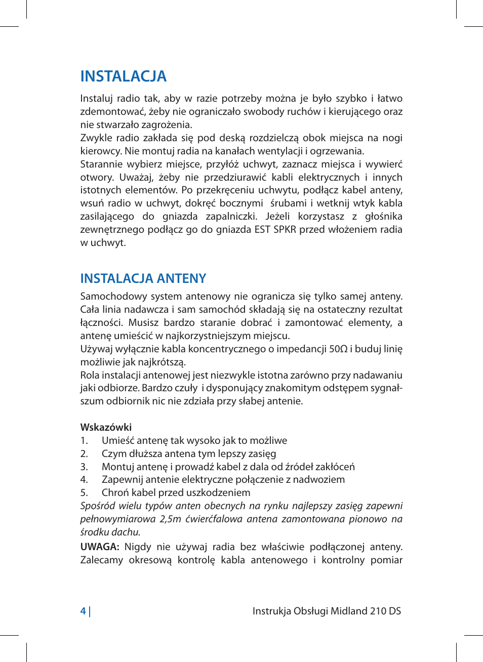 Instalacja, Instalacja anteny | MIDLAND 210 DS User Manual | Page 70 / 78