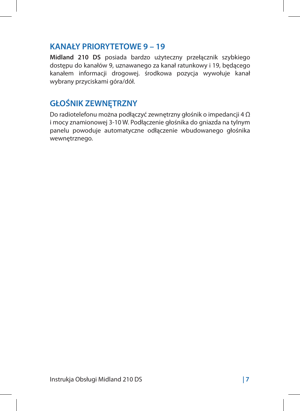 Kanały priorytetowe 9 – 19, Głośnik zewnętrzny | MIDLAND 210 DS User Manual | Page 73 / 78
