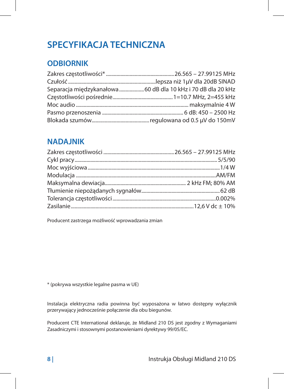 Specyfikacja techniczna, Odbiornik, Nadajnik | MIDLAND 210 DS User Manual | Page 74 / 78