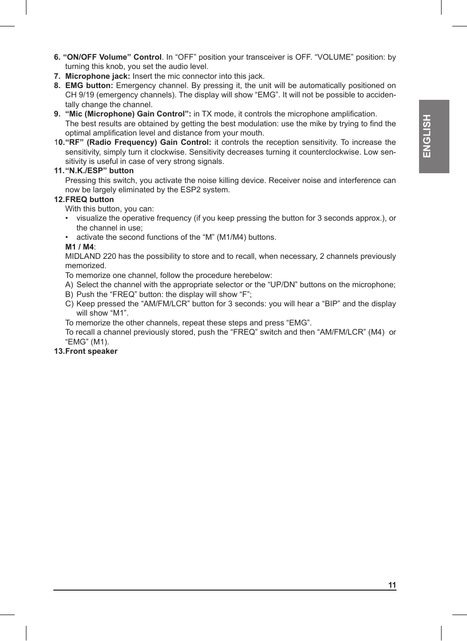 English | MIDLAND 220 User Manual | Page 11 / 68