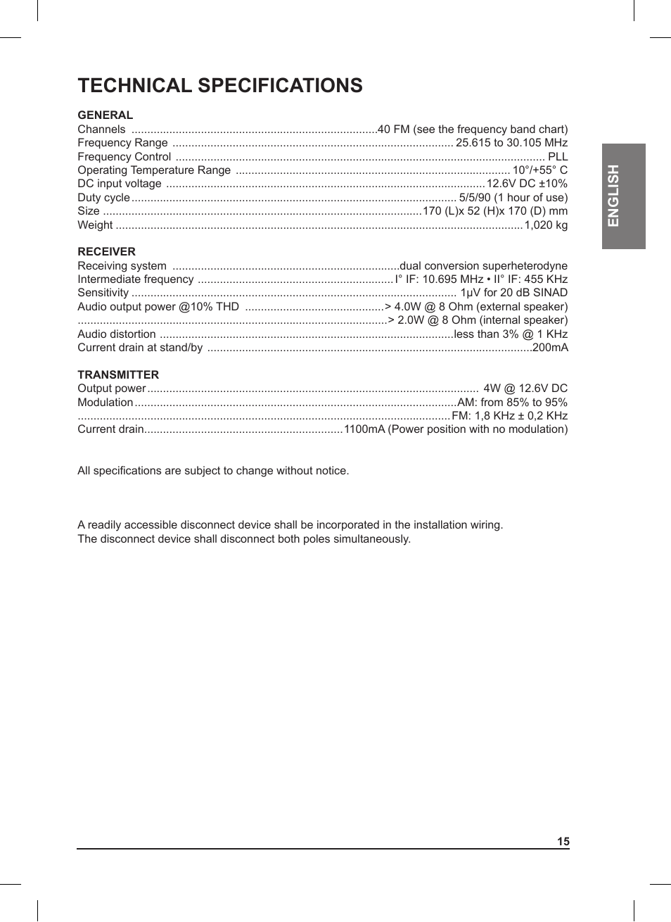 Technical specifications | MIDLAND 220 User Manual | Page 15 / 68