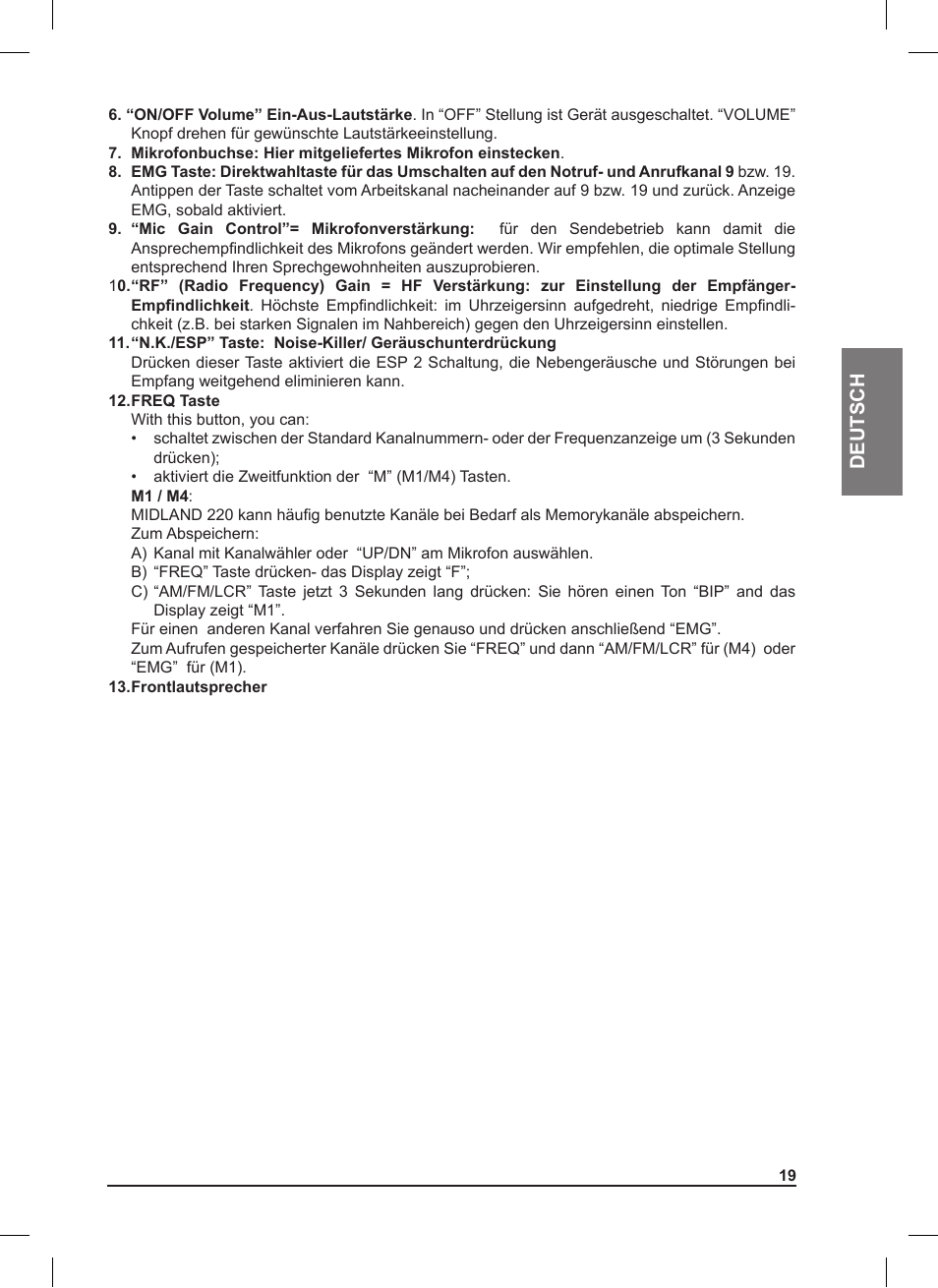 De u tsch | MIDLAND 220 User Manual | Page 19 / 68