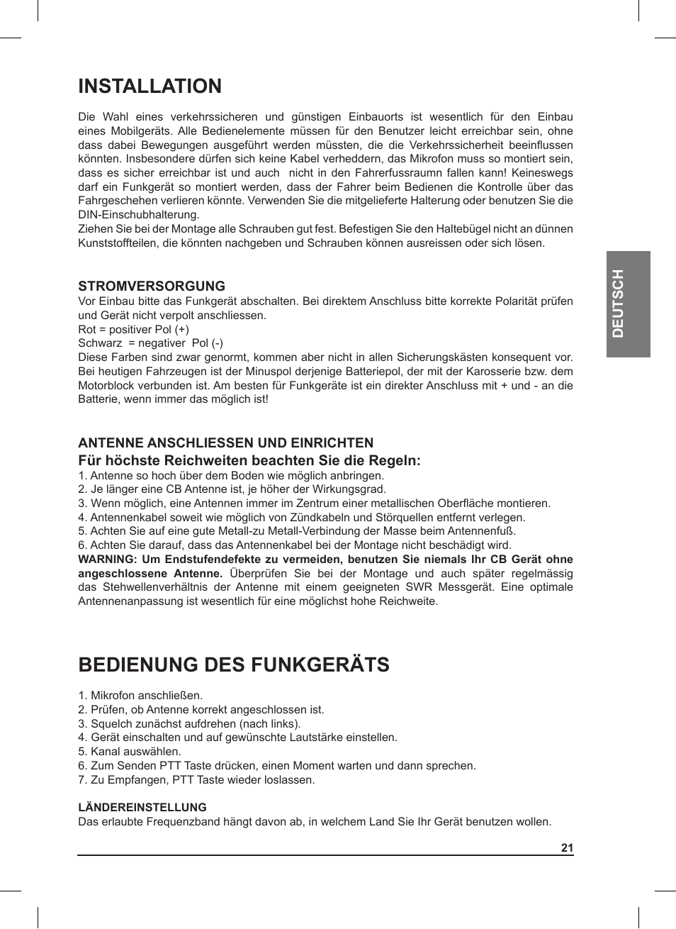 Installation, Bedienung des funkgeräts | MIDLAND 220 User Manual | Page 21 / 68