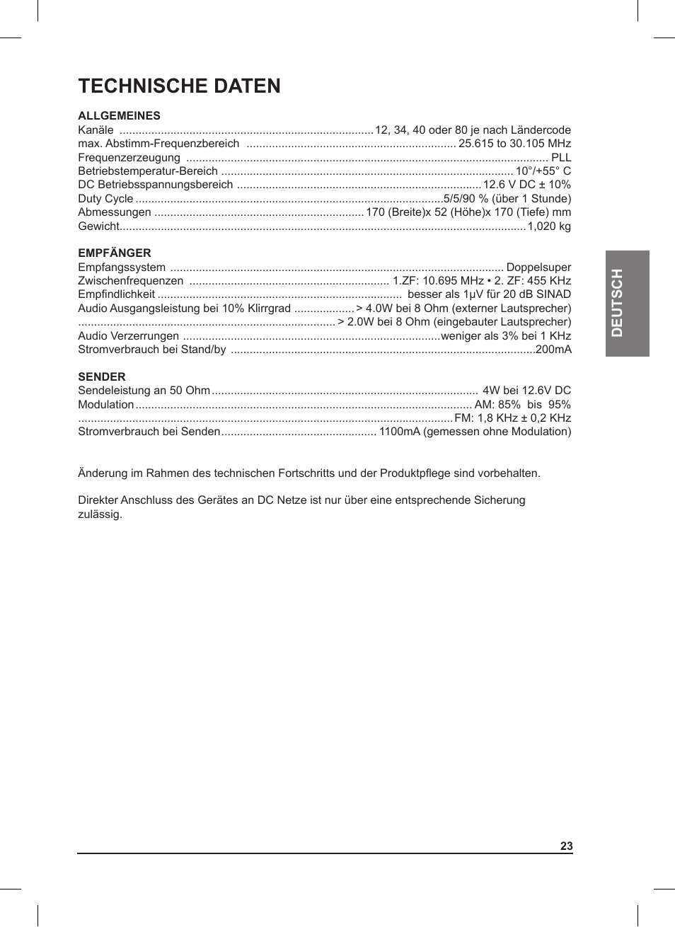 Technische daten | MIDLAND 220 User Manual | Page 23 / 68