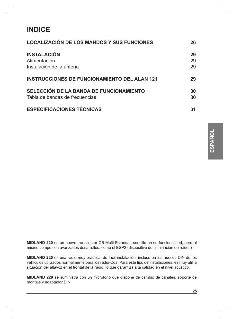Indice | MIDLAND 220 User Manual | Page 25 / 68
